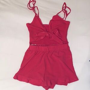 SHEIN Hot Pink Tie-Front Romper with Ruffle Hem